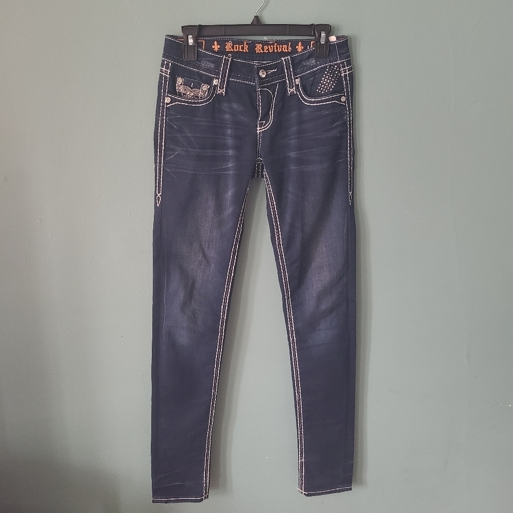 Rock Revival Dark Wash White Stitch Blinged Out Skinny Jeans Size 26